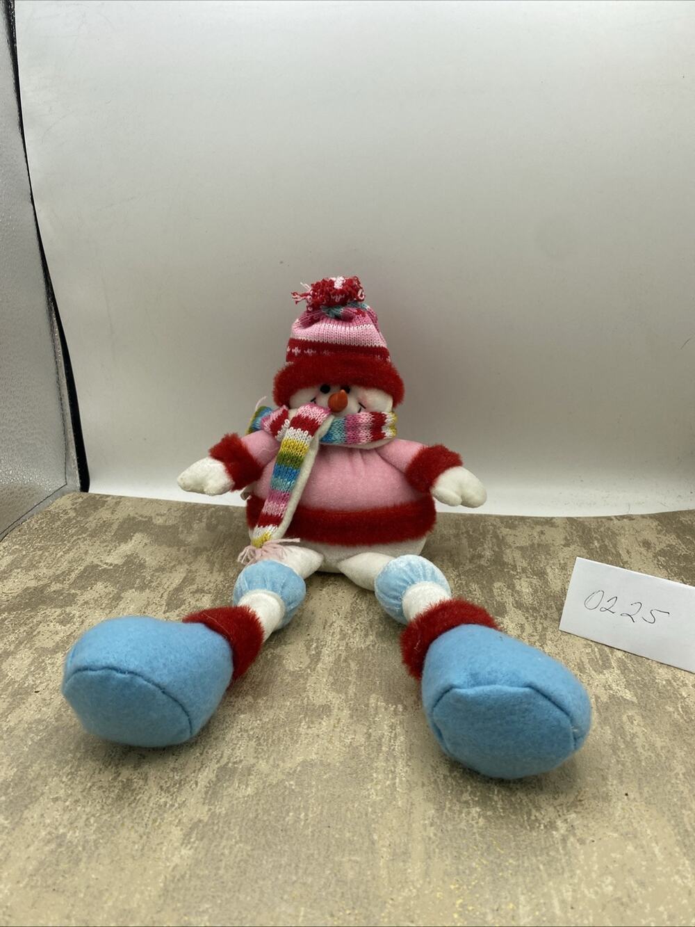 14” SHELF SITTER SNOWMAN FROM HOBBY LOBBY-PINK/RED TOP , HAT, SCARF